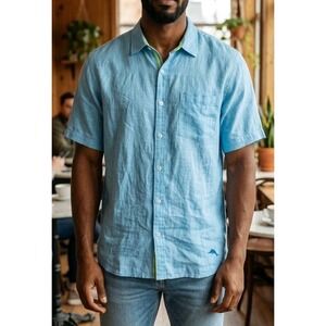 Tommy Bahama Mens Light Blue 100% Linen Short Sleeve Button Down Shirt Size 3XL